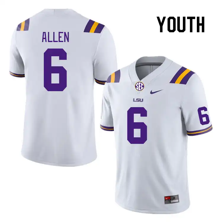 Youth LSU Tigers Jordan Allen #6 White NCAA Football Jersey